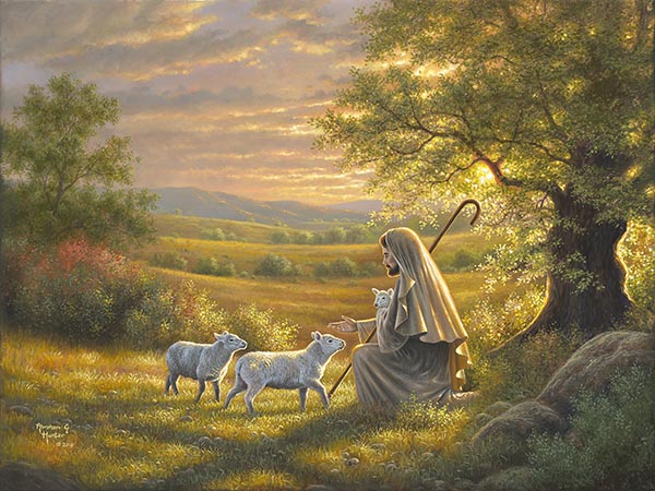 painting of christ and lambs with cross by abraham hunter